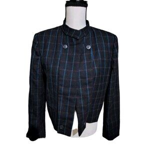 Liz Claiborne Tailored Cropped Wool Blazer Navy Blue Pin Striped 2 Button SZ 12